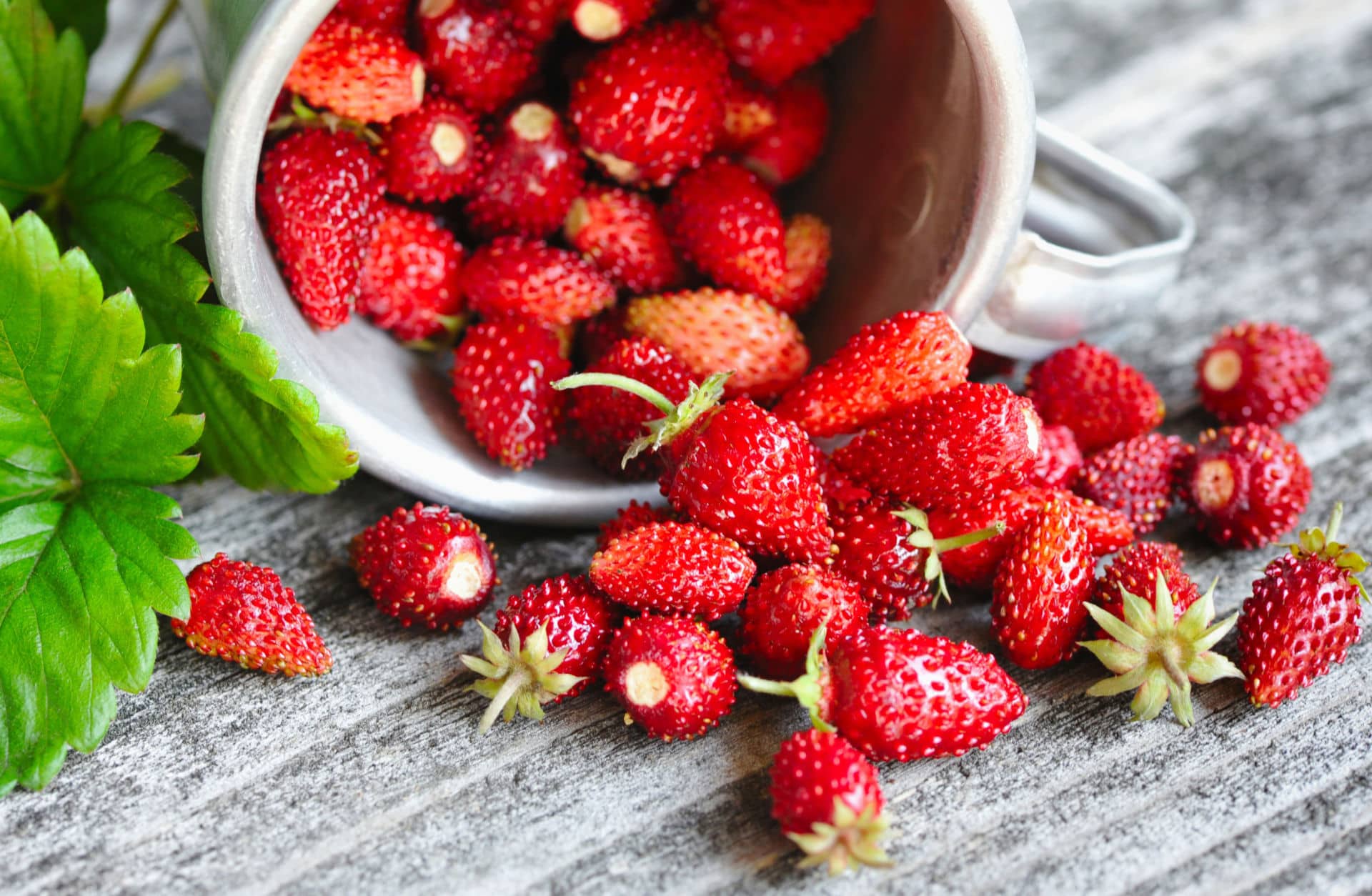 Fresh wild strawberries on an old wooden table